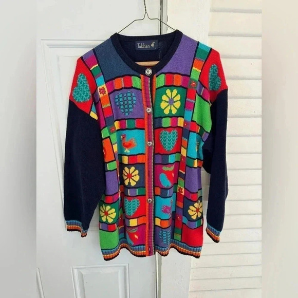 Tulchan bright colorful abstract floral chicken cardigan oversize medium F42 - Picture 1 of 5